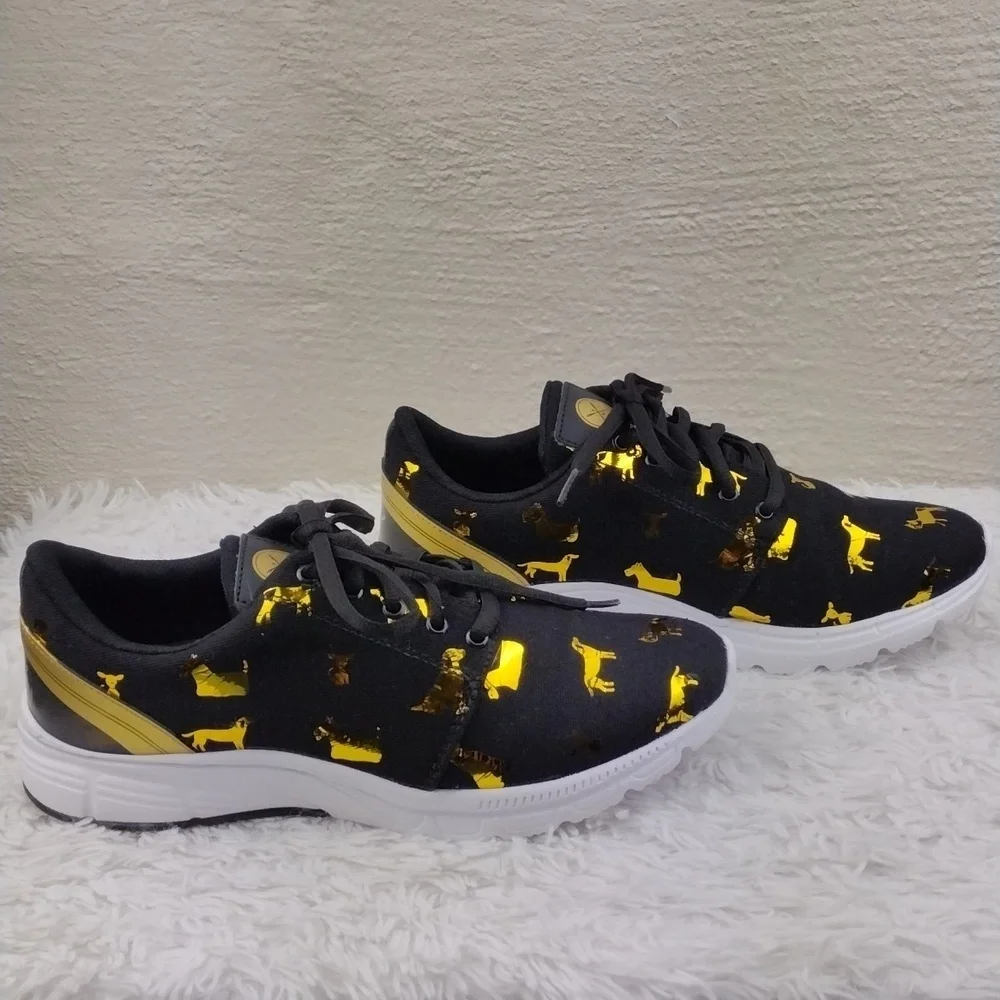 Inkkas FlexAires Black Gold Puppy  DesignCanvas Round Toe Lace Up Sneaker Shoe
